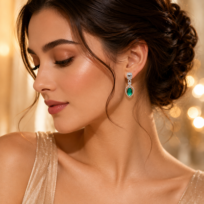 FLOMAE Silver Plated Green Stone AD Dangle Earrings for Women | Designer Long Earrings | Party Wear Statement Earring