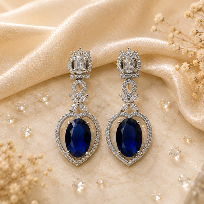 FLOMAE Silver Plated Navy Blue Stone AD Dangle Earrings for Women | Designer Long Earrings | Party Wear Statement Earrings