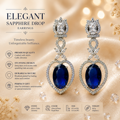 FLOMAE Silver Plated Navy Blue Stone AD Dangle Earrings for Women | Designer Long Earrings | Party Wear Statement Earrings