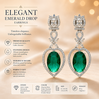 FLOMAE Silver Plated Green Stone AD Dangle Earrings for Women | Designer Long Earrings | Party Wear Statement Earring
