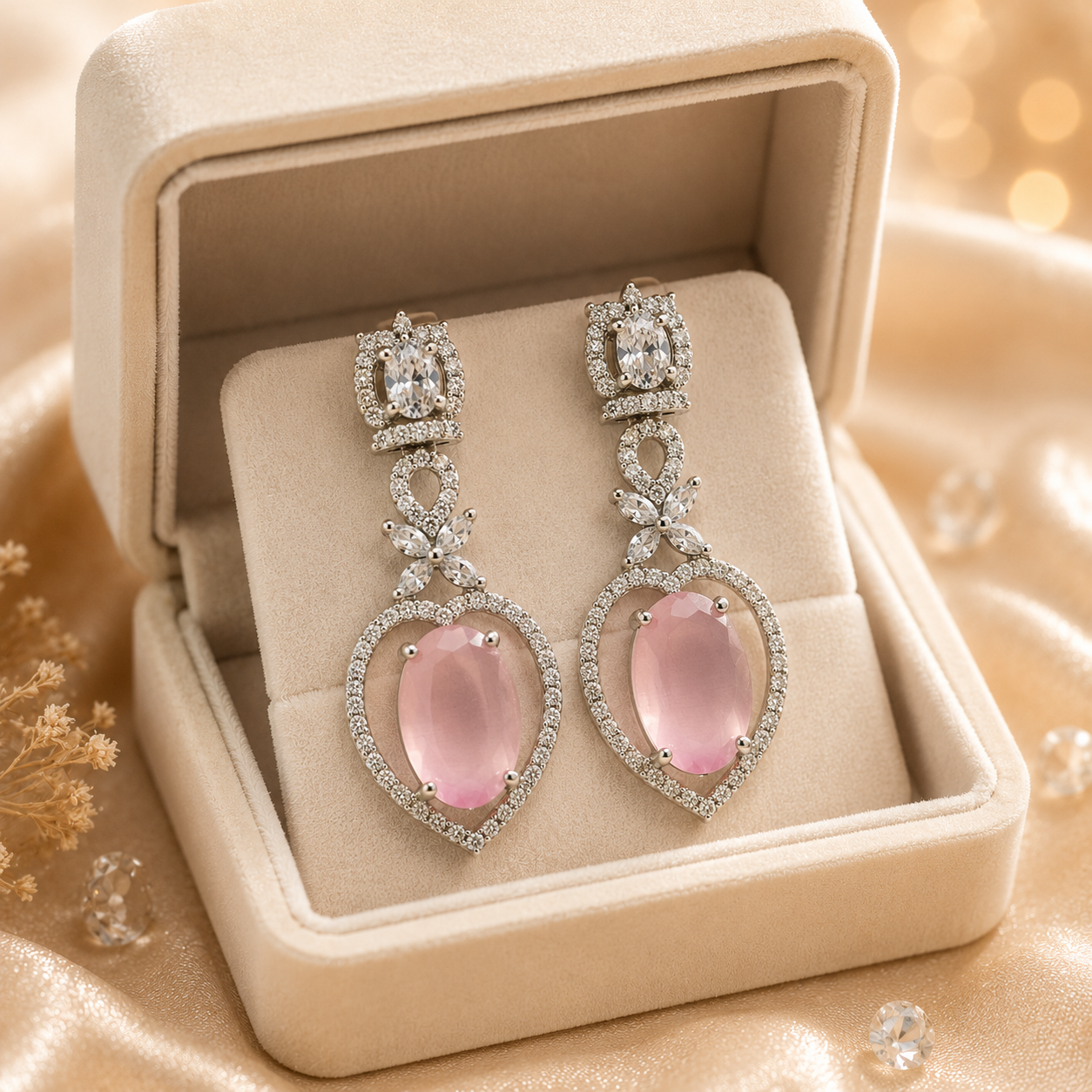 FLOMAE Silver Plated pink Stone AD Dangle Earrings for Women | Designer Long Earrings | Party Wear Statement Earring