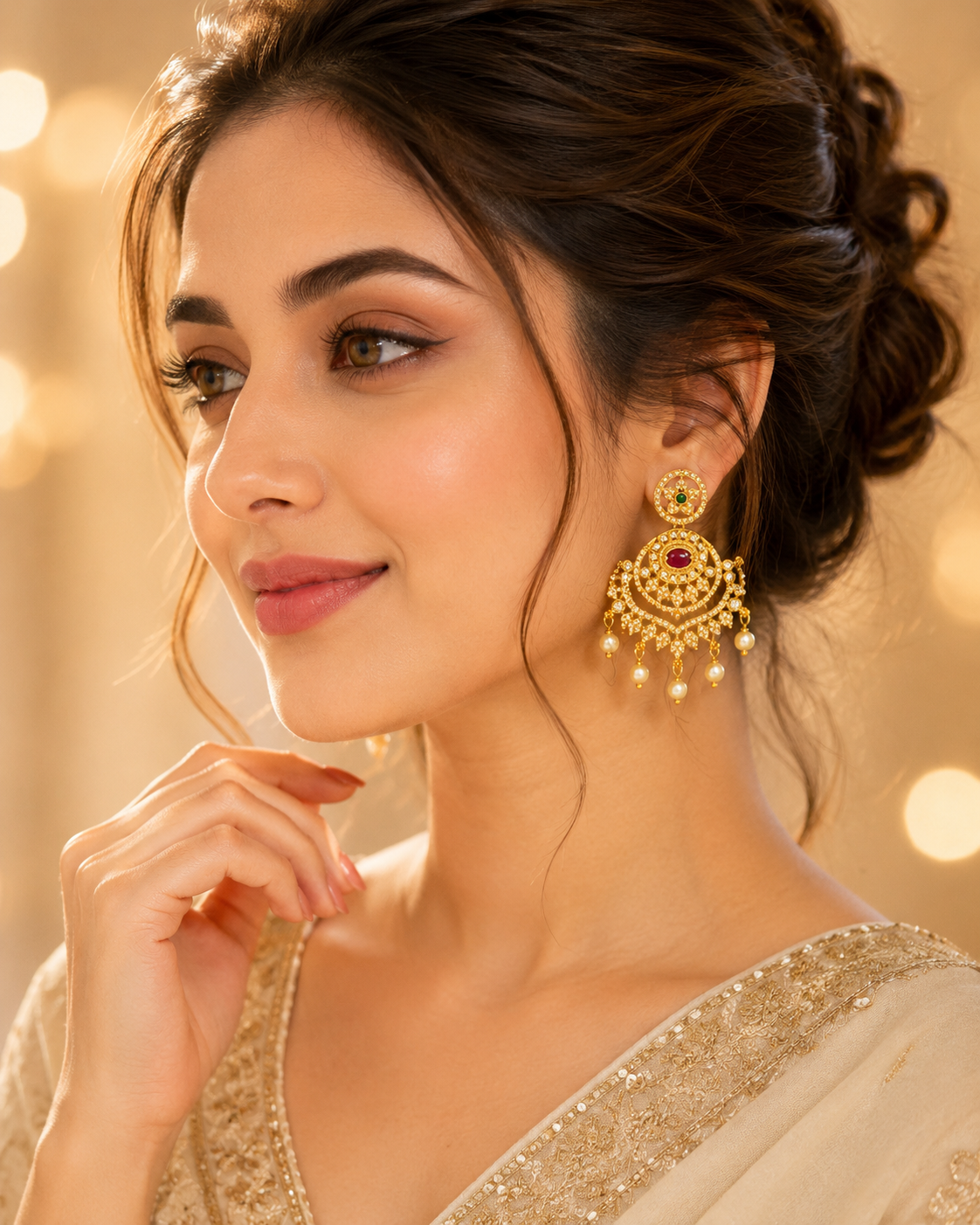 Flomae Gold Plated Green Stone Pearl Drop Chandbali Earrings for Women Cubic Zirconia Alloy Drops & Danglers, Jhumki Earring