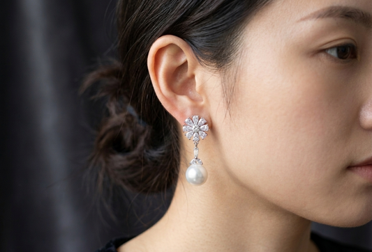 Luxury Crystal Flower Pearl Drop Earrings for Women | Bridal Wedding Party Wear Jewelry | FLOMAE JEWELRY.