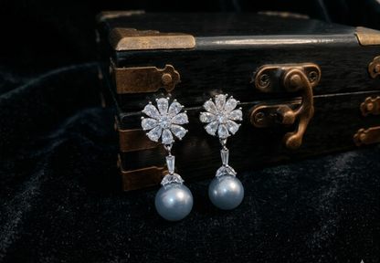 Luxury Crystal Flower Pearl Drop Earrings for Women | Bridal Wedding Party Wear Jewelry | FLOMAE JEWELRY.