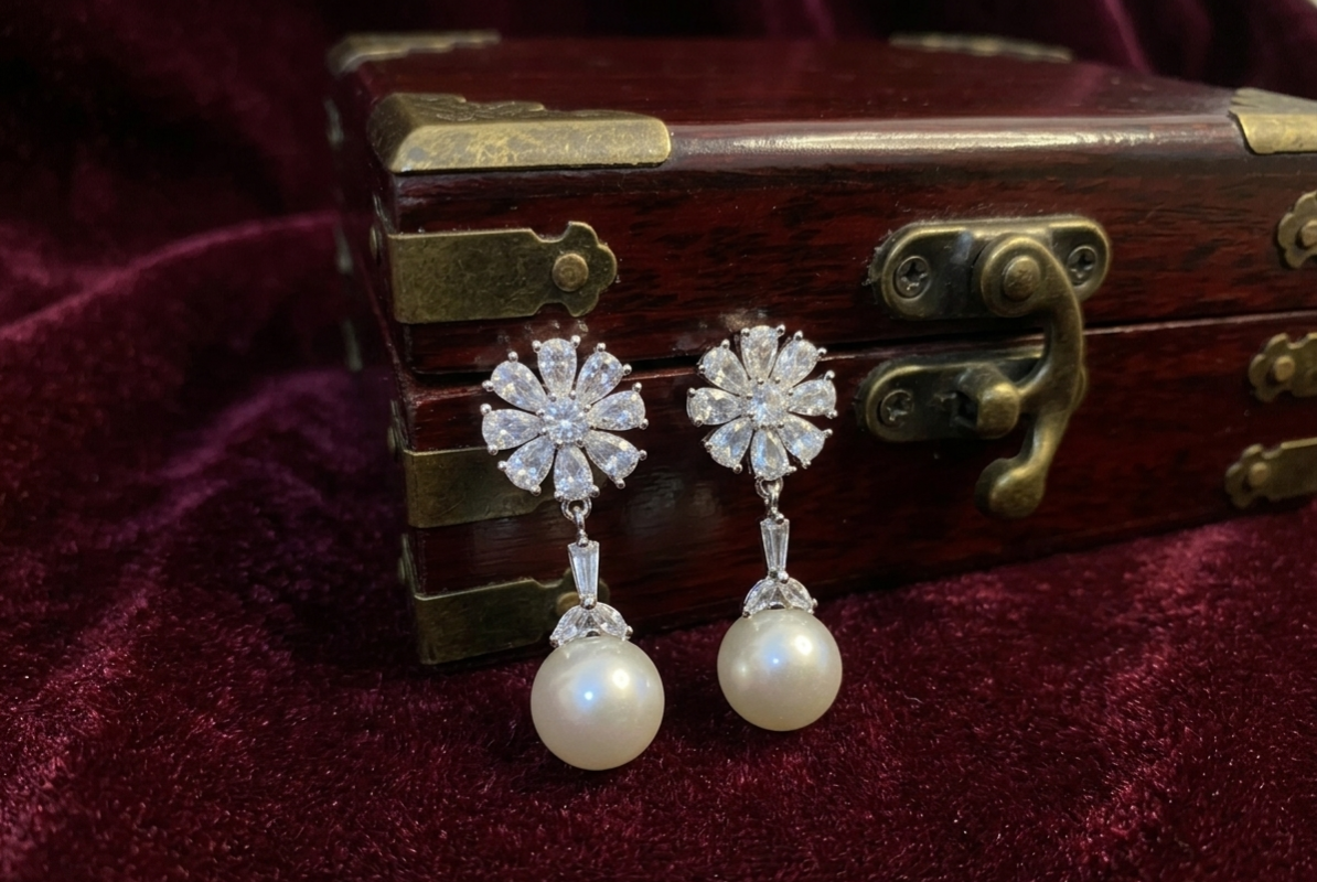 Luxury Crystal Flower Pearl Drop Earrings for Women | Bridal Wedding Party Wear Jewelry | FLOMAE JEWELRY.