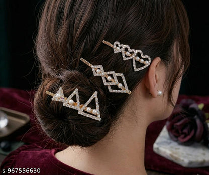 Premium Pearl Rhinestone Hair Clips for Women | Geometric Designer Hair Pins Set of 3