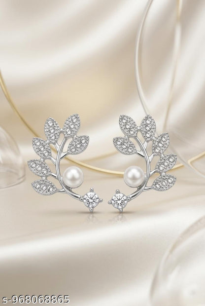 Pearl Earrings for Women, Floral Leaf Design