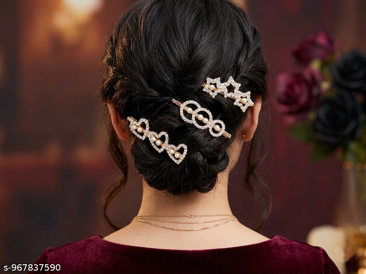 Trendy Korean Stones Hair Clips for Girls & amp; Women | Party Wear Hair Pin Set of 3