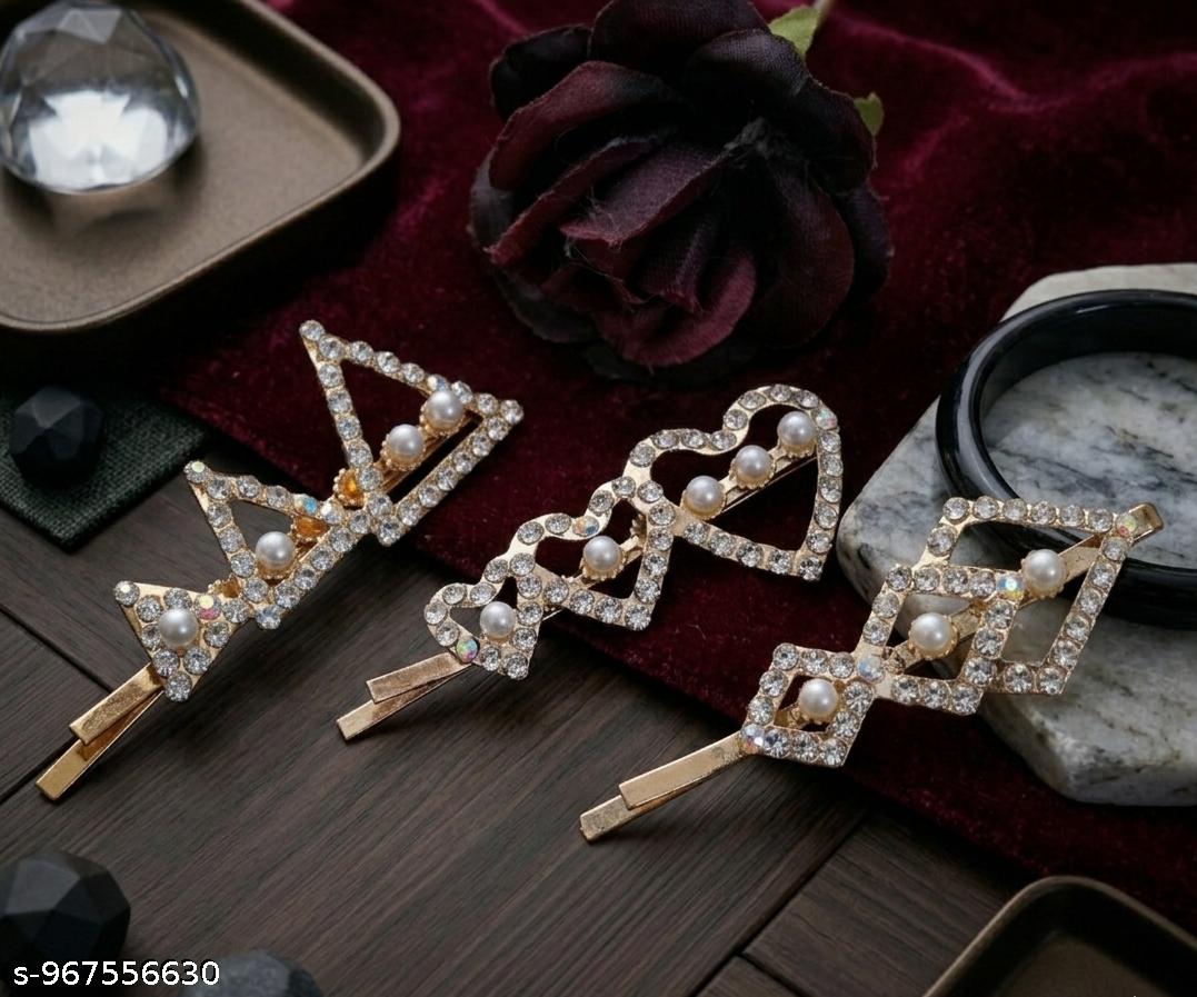 Premium Pearl Rhinestone Hair Clips for Women | Geometric Designer Hair Pins Set of 3
